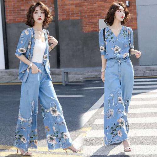 2021 summer Denim Two Piece womens fashion flower printed denim tops+flower printing jeans suits leisure female 2 piece sets