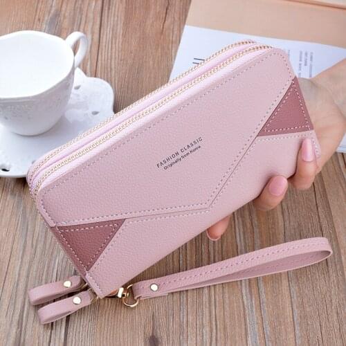 Women Wallet Envelope Long Patchwork Double Zipper Pu Leather Coin Purses Female Luxury Clutch Bag Card Holder Money Clip