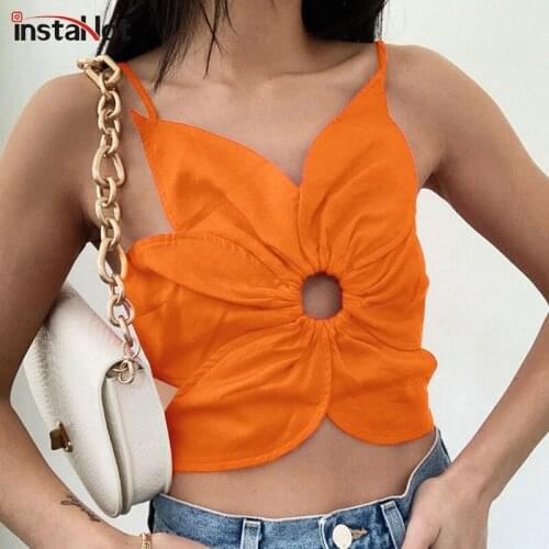InstaHot Women Floral Hollow Out Crop Top Sleeveless Backless Casual Summer 2021 Female Spaghetti Strap Slim Streetwear Club Top