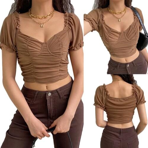 Women Ruched Crop Tops, Casual Short Puff Sleeve Solid Color Frill Trim Mesh T-Shirts