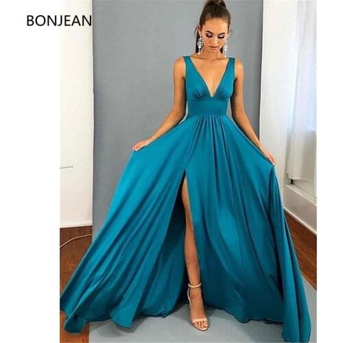 2019 Fashion Elegant Prom Dresses A Line V Neck Blue Long Off Shoulder Floor Length Chiffon Long Sleeveless Evening Formal Dress