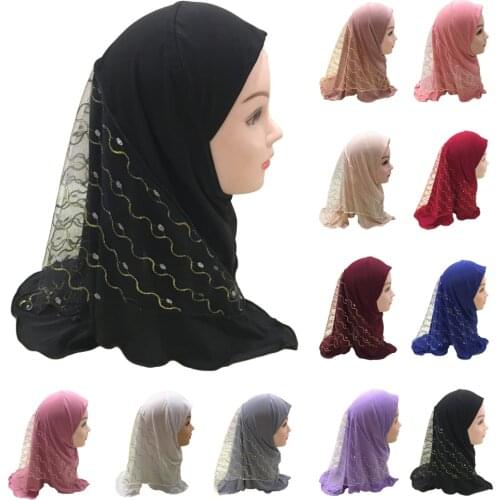 10PCS Muslim Girls Kids Hijab Scarf Islamic Mesh Cover Head Wrap Shawl Caps Full Cover Prayer Hat Arab Turban Amira Random Color