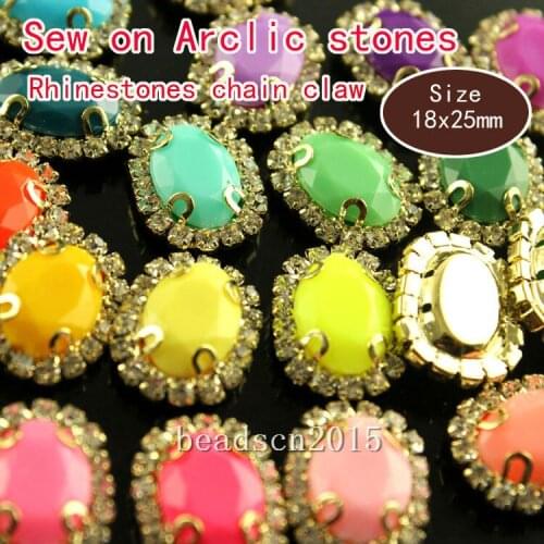 9pcs 18x25mm oval Candy bright color acrylic sew on stones with shiny rhinestones chain setting beads Stones Clothing Crafts