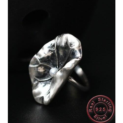 Amxiu Vintage Antique Silver Ring Big Lotus Open Ring S925 Silver Jewelry Freshwater Pearl Rings For Womens Gift Accessories