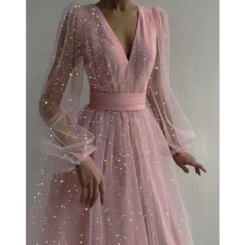 BKLD Fashion Sequined Mesh Sexy Club Outfits Long Sleeve V Neck A-Line Knee Length Evening Party Dresses For Women 2021