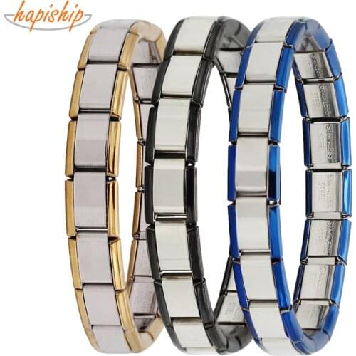 Hapiship 9mm Width Fashion Women/Mens 18Links Gold/blue/Black Brim Stainless Steel Chains Elastic Bangle Bracelet Gift B01