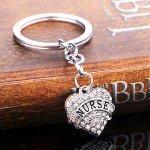 36PC Nurse Heart Clear Crystal Rhinestone Charm Pendant Keychains Keyrings Women Men Doctor Nurse Students Jewelry Gift Key Ring
