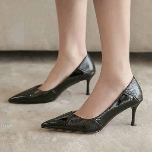 EshtonShero Pumps Women Shoes Leather Slip-On Shallow Wedding Party Pointed Toe Thin High Heels Pumps Platform Black Size 3-8