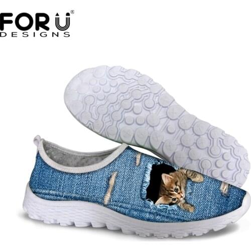 FORUDESIGNS Fashion Blue Denim Cute 3D Animal Cat Pet Dog Printed Women Casual Mesh Shoes Super Light Summer Spring Shoes Flats