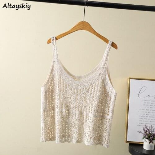 Camisole Women Knitted Cropped Japanese Simple All-match Hollow Out Summer Loose Cozy Korean Style Casual Chic Camis Female Girl