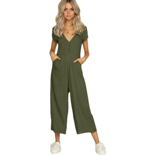 Summer Wear Short Sleeve V-neck Button Jumpsuit Pants White Khaki Green Black Jumpsuit Women Romper
