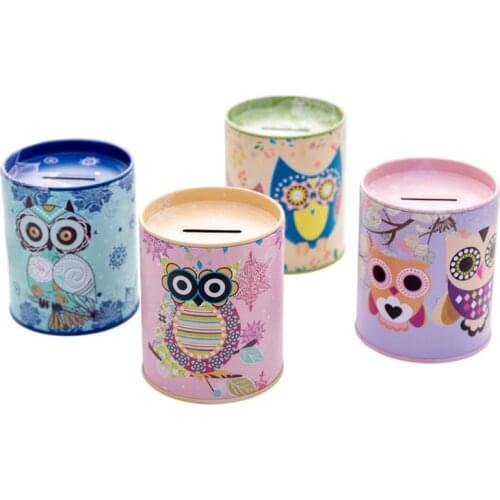 Creative Vintage Tinplate Cylinder Piggy Bank Cartoon Colorful Geometric Owl Patterns Money Saving Box Reward Penholder Coin
