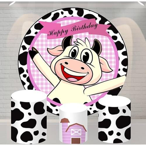 Circle Round Backdrop Pink Farm Party Banner Decoration for Girl Birthday Cartoon Cow theme Background for Photo Studio Cover