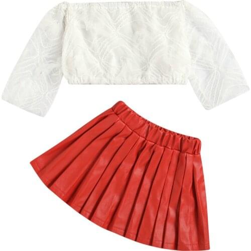 2021 1-6Y Fashion Kids Baby Girl Clothes Set Feather Mesh Off Shoulder Long Sleeve Blouse+Solid Pleated Skirt Spring Fall 2pcs