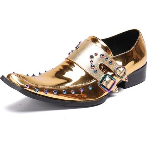 Ch.kwok Gold Genuine Leather Men Fashion Breathable Basic Buckle Strap Leather Dress Shoes Men Color Rivet Business Casual Shoes