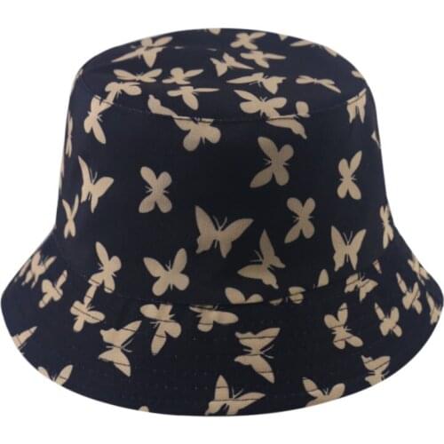 2021 New Fashion Reversible Black Butterfly Print Bucket Hats Bob Fisherman Caps Women Ladies gorras