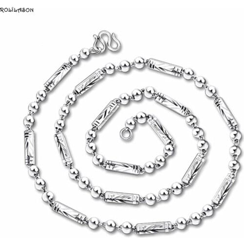 Korean Classic Silver Necklace mens round bead chain hexagonal tube three bead Buddha bead necklace chain LN703