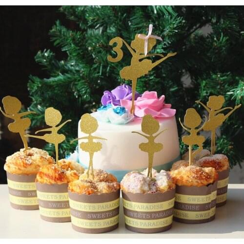 Personalized year customize initial letter ballerina 1 cake topper + 12 cupcake toppers ballet dancer decoration glitter paper