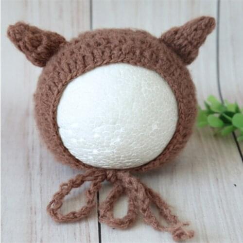 Handmade Knitting Mohair Newborn Hat Crochet Baby Hat Photography Props Newborn Bonnet Animal Pattern Brown Girl Boy Bonnet Prop