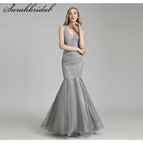 Sexy Prom Dresses V Neck Sleeveless Zipper Backless Empire Evening Gown Sequins Beaded Floor Length Trumpet Robe De Soiree LX488