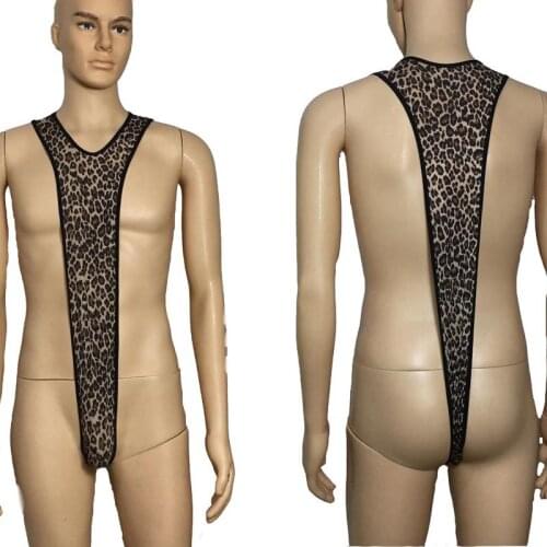 Sexy Men Leopard Animal Print Suspender Thong Leotard Mankini Bodysuit Underwear Gay Fetish Lingerie Wrestling Suit