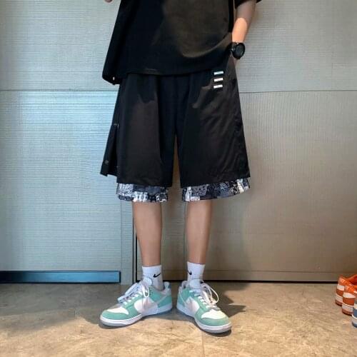 Cashew flower shorts mens summer wear trendy brand hip-hop loose trend fake two pieces of casual breasted five-point pants