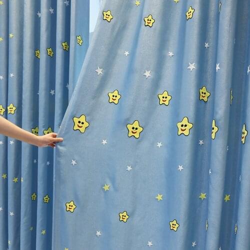 Cartoon Star Embroidered Curtains for Kids Boys Living Room Nursery Faux Linen Yellow Smile Face Balcony Window Drapes