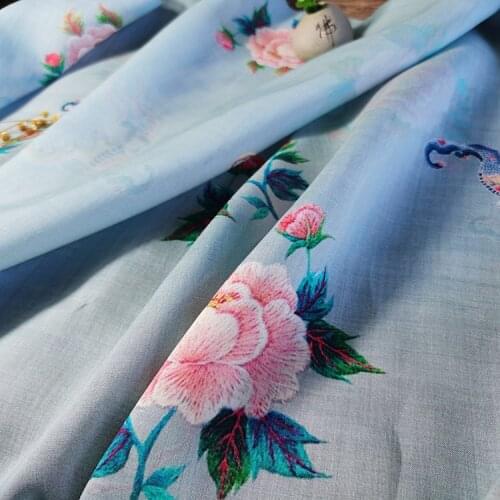 Natural pure ramie fabrics Peony printing tissu High grade robe dress cheongsam fabric