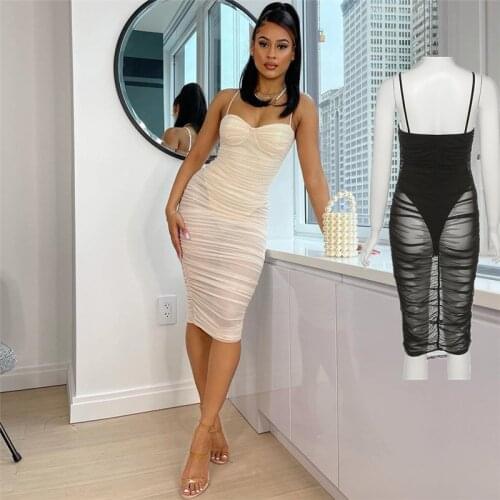 SKMY Clothes For Women 2021 Summer New Casual Sling Sexy Low-Cut Backless Perspective Slim Club Party Mid Length Bodycon Dress