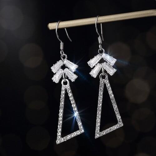 Korean Style Earrings Silver Color Geometric Bling Zircon Stone Drop Earrings for Women Bridal Wedding Statement Party Jewelry
