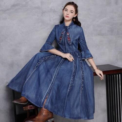 Brand ladies' spring 2020 new embroidery tie full-ed dress to restore ancient ways falbala waist dress 82209