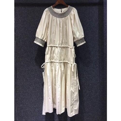 Summer Dress 2021 High Quality Casual Clothing Women Color Block Embroidery String Deco Short Sleeve Mid-Calf Cotton Dress Loose