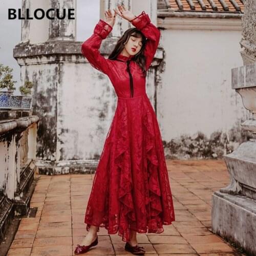 BLLOCUE 2020 New Spring Designer Runway Dress Women Elegant Vintage Red Ruffled Lace Flare Sleeve Travel Vacation Meeting Dress
