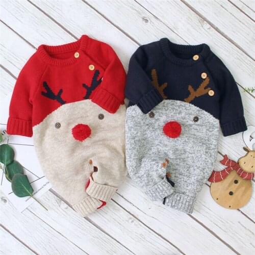 Newborn Winter Warm Christmas Clothes Reindeer Printed Jumpsuit for Baby Boy Girl Knitted Long Sleeve Romper 3-18M