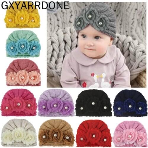 12 Colors 2019 Winter Baby Hat For Girls Pearls Sunflower Newborn Hat Beanie Turban Hats Flowers Toddler Girl Cap Accessories