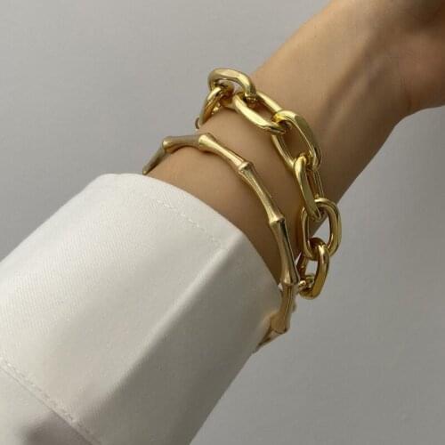 2Pcs/Lot Punk Fashion Curb Cuban Thick Bracelets Bangles Carved Coin Pendant Gold Color Chunky Bamboo Bracelet Jewelry