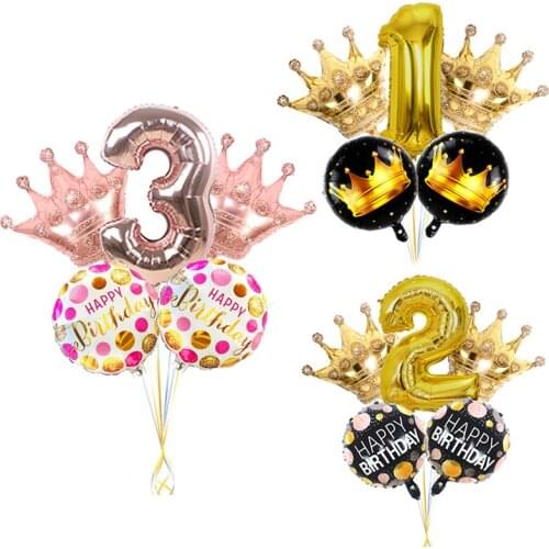 5pcs Rose Gold Foil Balloons 1 2 3 4 5 6 Years Old Kid Boys Girls Crown Happy Birthday Balloon Baby Shower Decor Supplies