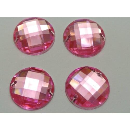 50 Pink Acrylic Flatback Sewing Rhinestone Round Button 20mm Sew on beads