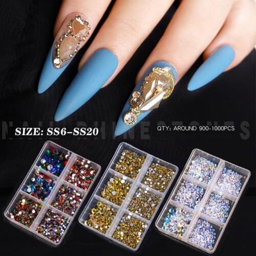 6 Grids/Box Nail Rhinestone Flat Back Multifunctional Various Shapes Mixed Size AB Nail Art DIY Glitter Decorations for Manicure