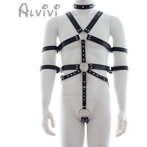 Alvivi Mans Body Suit Harness PU Leather Bondage Detachable Groin Strap with O Ring Open Crotch BD&S-M Harness Gay Adult Game
