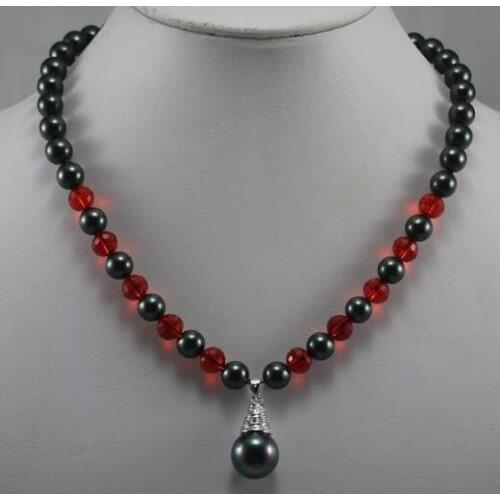 Free shipping 1row Hot Jewelry 8mm black gary shell pearl Jade Pendant Necklace 17