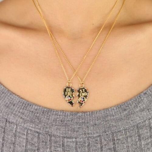 2021 BEST Friend Gift Double Heart shape pendant necklace set rainbow cz engraved gold filled 41+5cm chain women fashion jewelry