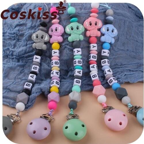 Coskiss Customized Name Infant Baby Pacifier Clips Chain Elephant Silicone Beads Teether Toy Dummy Holder Baby Pacifier Chain
