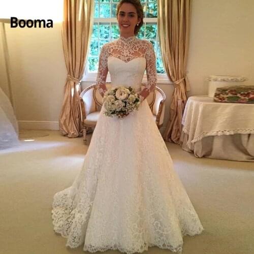 Booma Elegant Lace Long Sleeve Bridal Dress 2019 Stylish Ball Gown Sexy Backless High Neck Wedding Dresses Plus Size