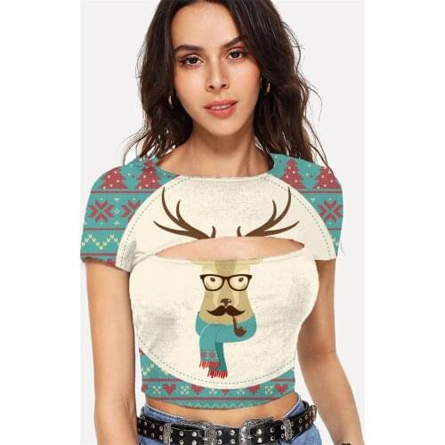Somepet Christmas T shirt Women Deer Tshirt Printed Animal Shirt Print Snowflake Navel Bare Womens Clothing Hip Hop New