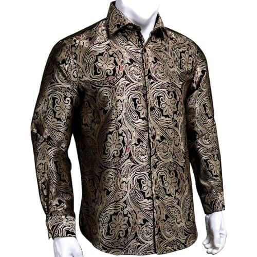 Hi-Tie Fashion Luxury Carbon Paisley Soft Silk Mens Shirts Blue Floral Woven Full Sleeve Casual Shirts For Men Wedding Dress