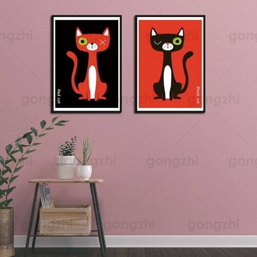 Carton Red and Black Cat Cat Abstract Canvas Painting Home Art Posters Bedroom Corridor Stickers Nordic Decoration