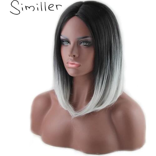 Similler Afro Ombre Short Straight Fake Hair Synthetic Wigs For Women Black Root Grey Two Tones