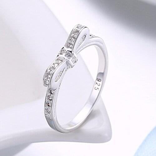 Beautiful Retre SILVER ring CZ Zircon Crystal Bow tie pretty fashion Wedding silver color women Lady Ring jewelry