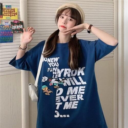 Summer college style cartoon print half-sleeved mid-length loose cotton T-shirt all-match casual women